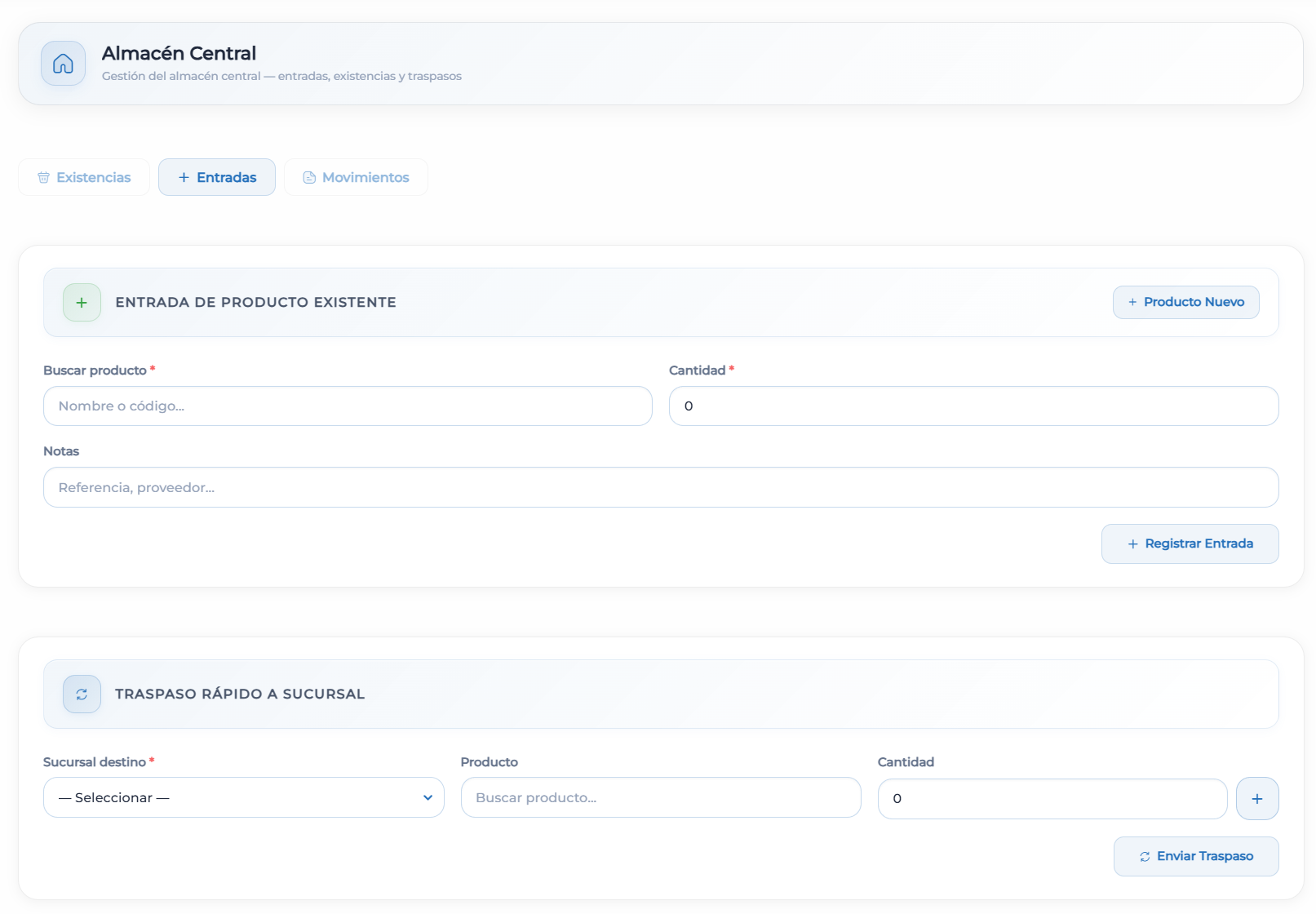 Entradas de producto y traspaso rápido entre sucursales en Nimrud